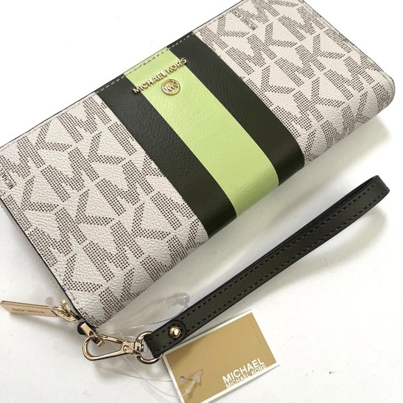 NWT MICHAEL KORS Large Wristlet Wallet Signature Continental Logo Central Stripe - Picture 1 of 6